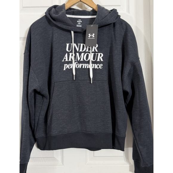 NEW Under Armour Womens Essential Fleece Script Short Loose Hoodie Black Size L - Picture 1 of 3